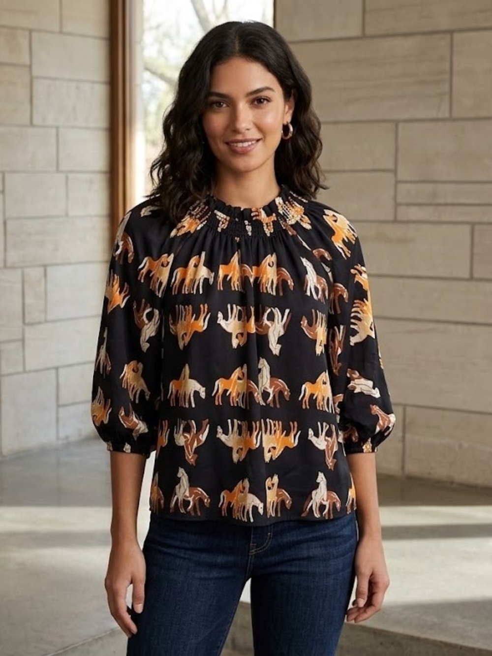 THML Black Horse-Print Smocked-Neck Blouse